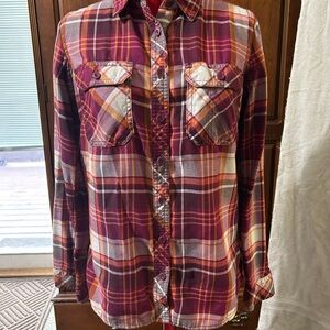 Duluth Trading Co Plaid Button-Down Shirt in Burgundy, Orange, Cream